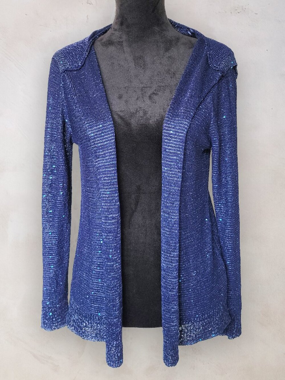 NWT Sioni Navy Blue Sparkle Sequin Knit Hooded Open Front Cardigan Sweater